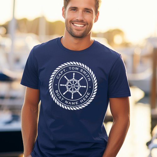 Captain boat name rope frame nautical ships wheel T_Shirt