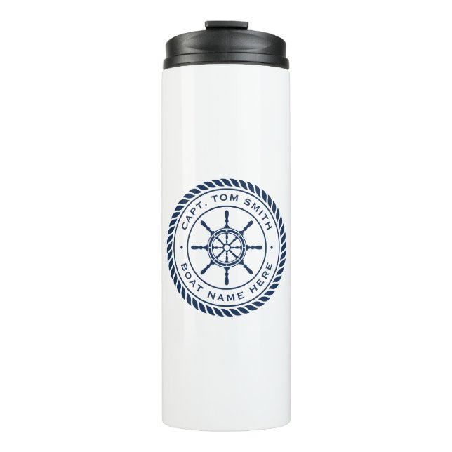 Captain boat name rope frame nautical ship's wheel thermal tumbler (Front)