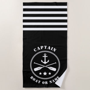 Captain Boat or Name Nautical Anchor & Oars Black Beach Towel