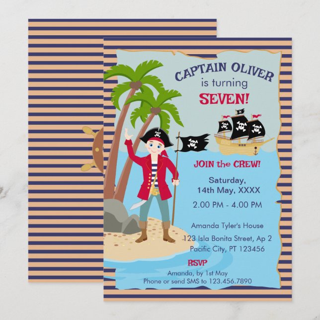 Captain Boy Pirate Ship Birthday Party Invitation (Front/Back)