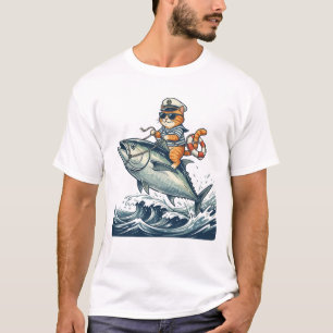Captain Cat Riding Giant Tuna Funny Fishing Design T-Shirt