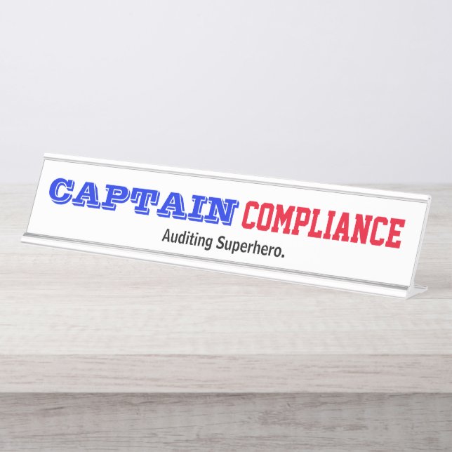 Captain Compliance Auditing Superhero Male Auditor Desk Name Plate (Front)