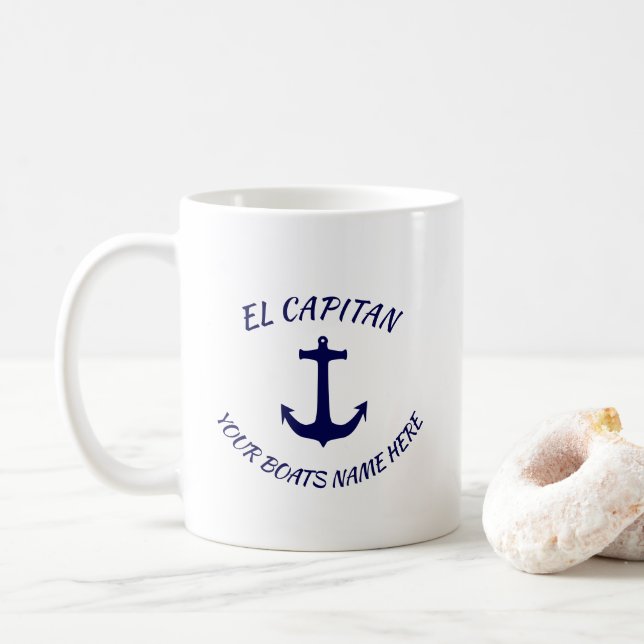 Captain El Capitan Blue Anchor  with  Boats Name Coffee Mug (With Donut)