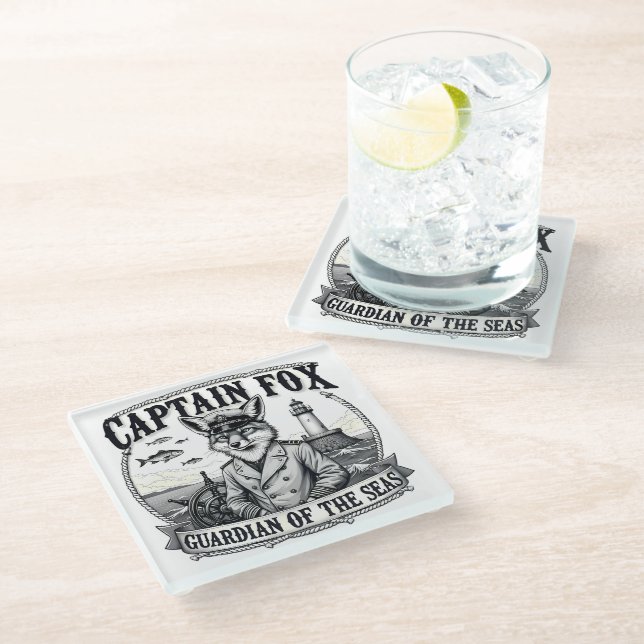 Captain Fox Guardian of Seas Nautical Design Glass Coaster (Angled)