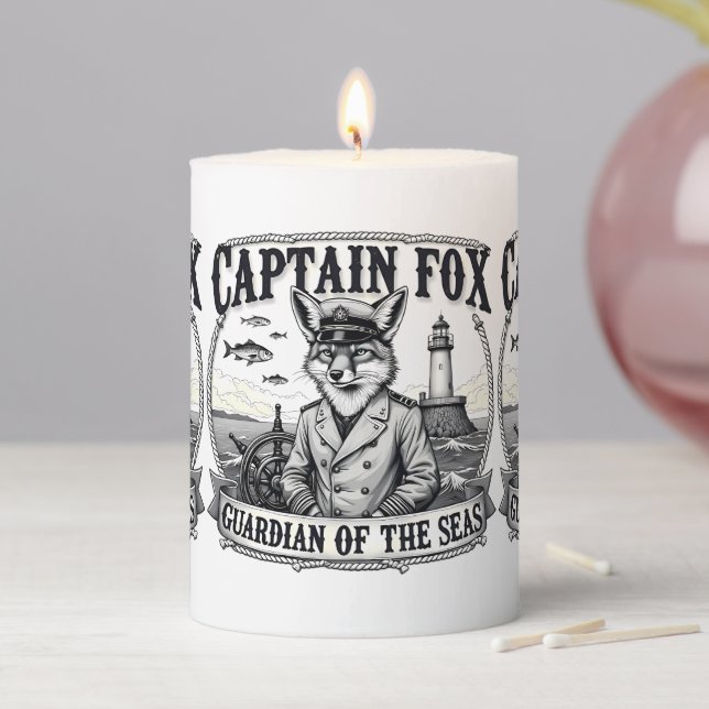 Captain Fox Guardian of Seas Nautical Design Pillar Candle (In Situ)