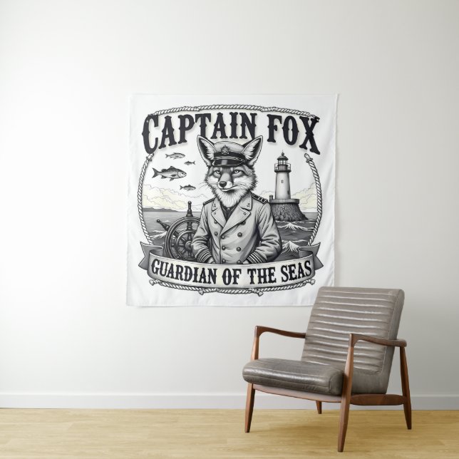 Captain Fox Guardian of Seas Nautical Design Tapestry (In Situ)