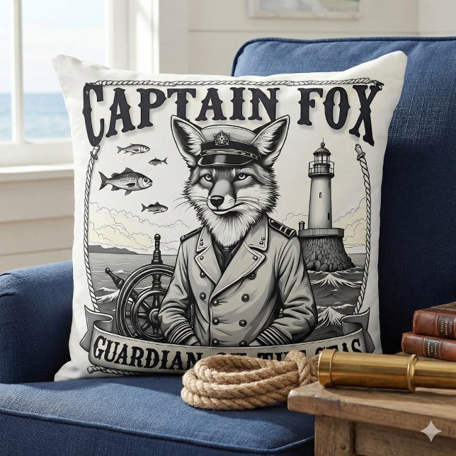 Captain Fox Guardian of Seas Nautical Design Throw Pillow (Captain Fox Guardian of Seas Nautical Design Throw Pillow Mockup A)