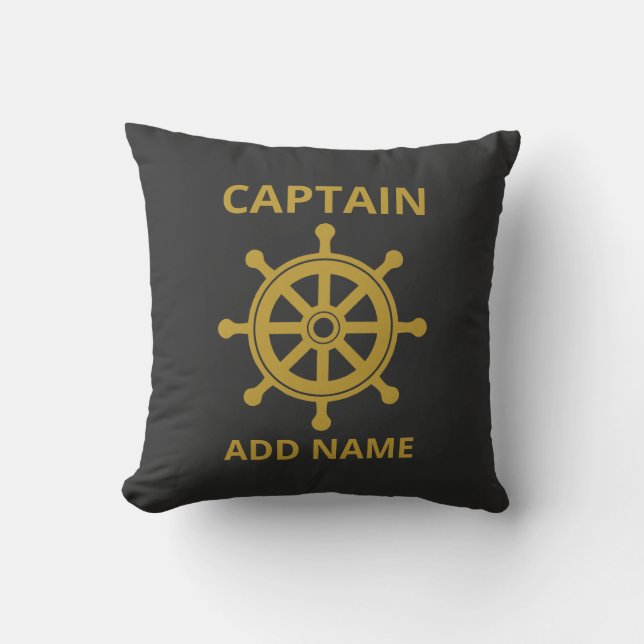 Captain Gold Ship Wheel Add Name Throw Pillow (Front)