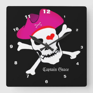 Captain Grace & Pirates Flag, Skull House / Boat Square Wall Clock