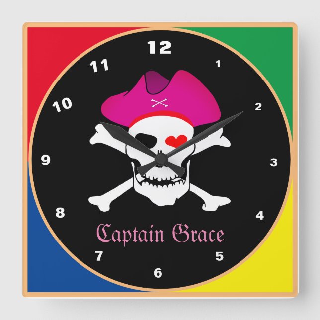Captain "Grace" & Pirates - Treasure Island /girls Square Wall Clock (Front)
