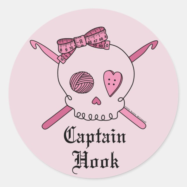 Captain Hook Skull & Crochet Hooks (Pink Back) Classic Round Sticker (Front)