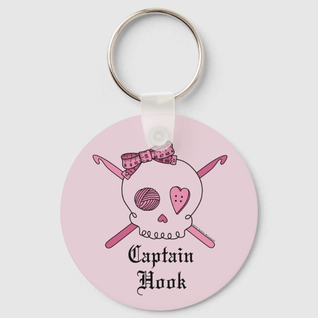 Captain Hook Skull & Crochet Hooks (Pink Back) Keychain (Front)
