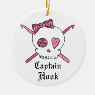 Captain Hook Skull & Crochet Hooks (Pink) Ceramic Ornament