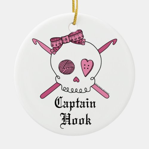 Captain Hook Skull  Crochet Hooks Pink Ceramic Ornament