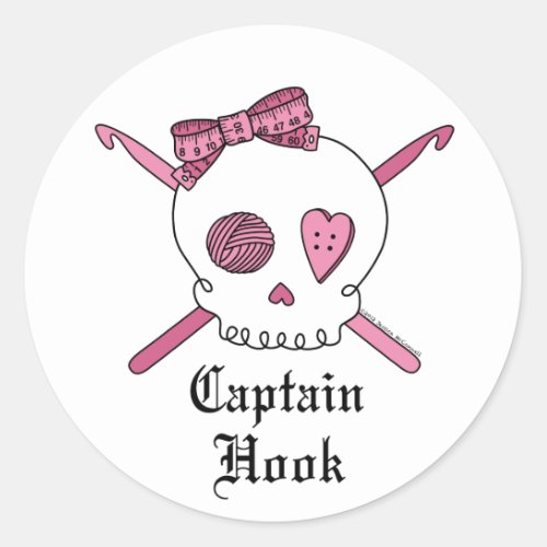 Captain Hook Skull  Crochet Hooks Pink Classic Round Sticker