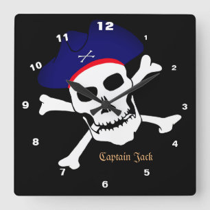 Captain Jack & Pirates Flag, Skull House / Boat Square Wall Clock