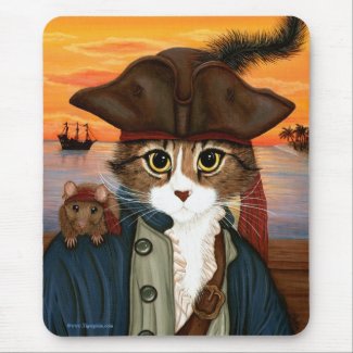 Captain Leo, Pirate Cat & Rat Fantasy Art Mousepad
