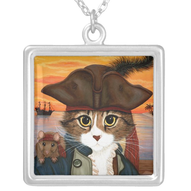 Captain Leo, Pirate Cat & Rat Fantasy Art Necklace (Front)