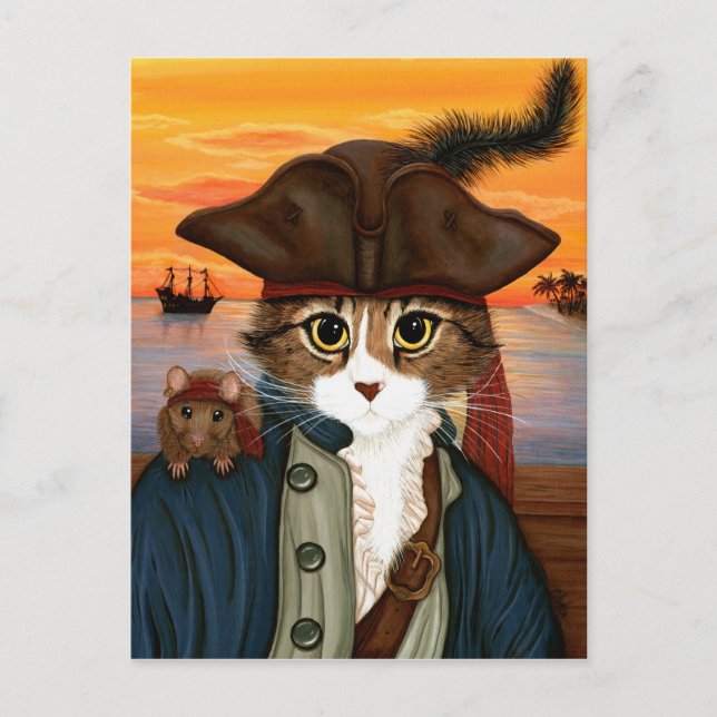 Captain Leo, Pirate Cat & Rat Fantasy Art Postcard (Front)