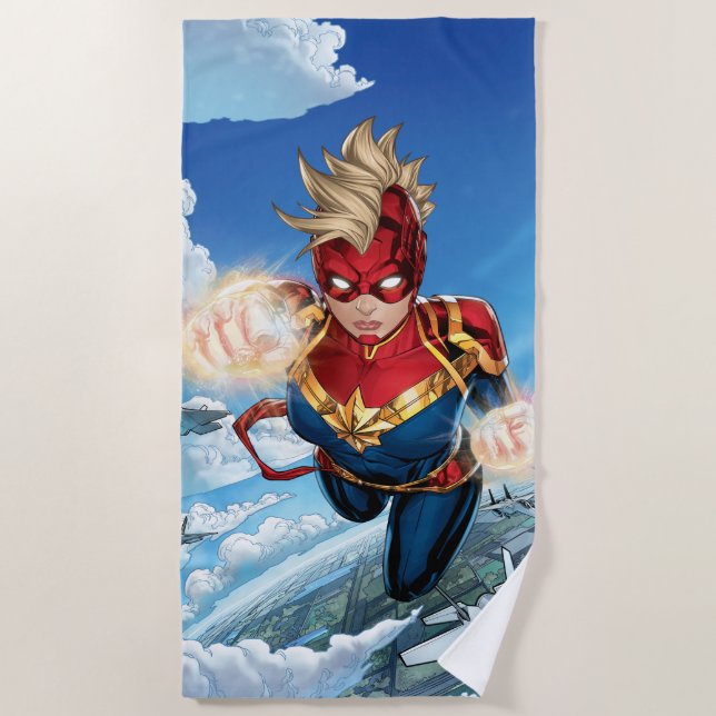 Captain Marvel Flying With Jets Beach Towel (Front)