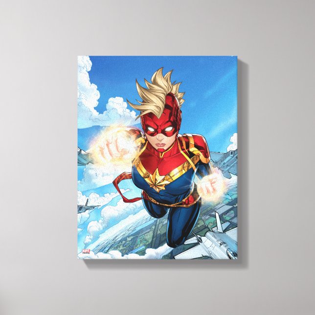 Captain Marvel Flying With Jets Canvas Print (Front)