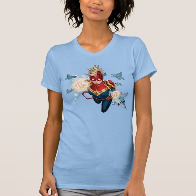 Captain Marvel Flying With Jets T-Shirt (Front)