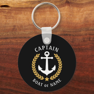 Captain Name Anchor Gold Laurel Photo Back Black Keychain