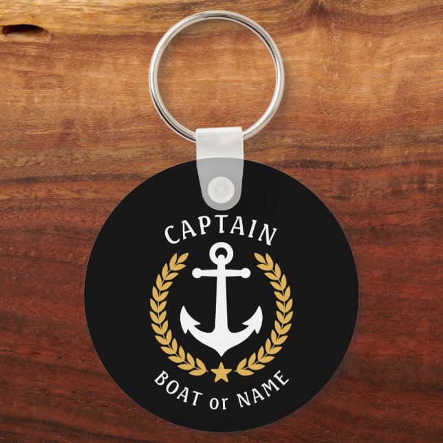 Captain Name Anchor Gold Laurel Photo Back Black Keychain (Front)