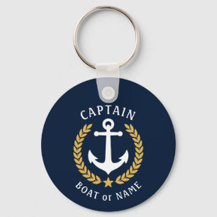 Captain Name Anchor Gold Laurel Photo Back Blue Keychain
