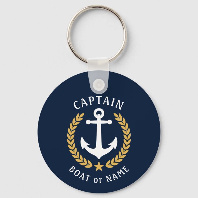Captain Name Anchor Gold Laurel Photo Back Blue Keychain (Front)