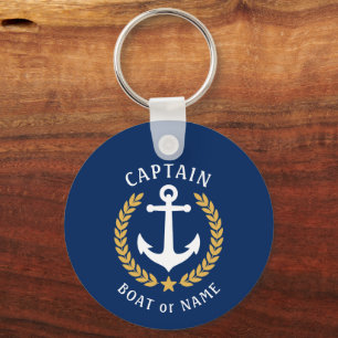 Captain Name Anchor Gold Laurel Photo Back Navy Keychain