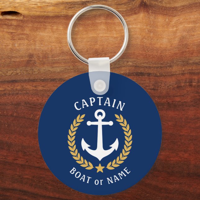 Captain Name Anchor Gold Laurel Photo Back Navy Keychain (Front)
