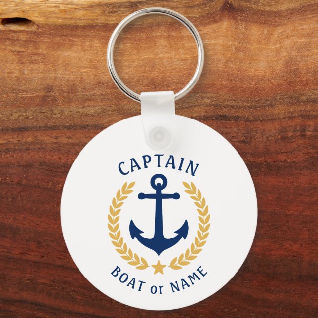 Captain Name Anchor Gold Laurel Photo Back White Keychain (Front)