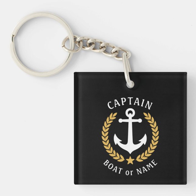 Captain Name Anchor Gold Laurel Picture Back Black Keychain (Front)