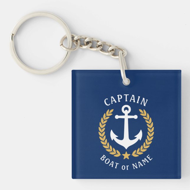 Captain Name Anchor Gold Laurel Picture Back Navy Keychain (Front)