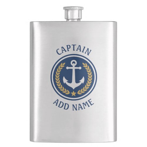 Captain Name Anchor Gold Style Laurel Stainless Flask