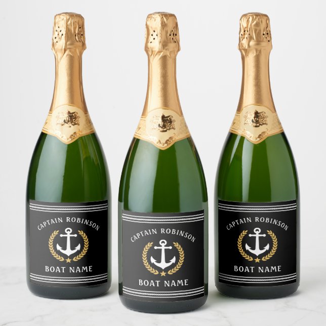 Captain Name And Boat Anchor Gold Laurel Black Sparkling Wine Label (Bottles)