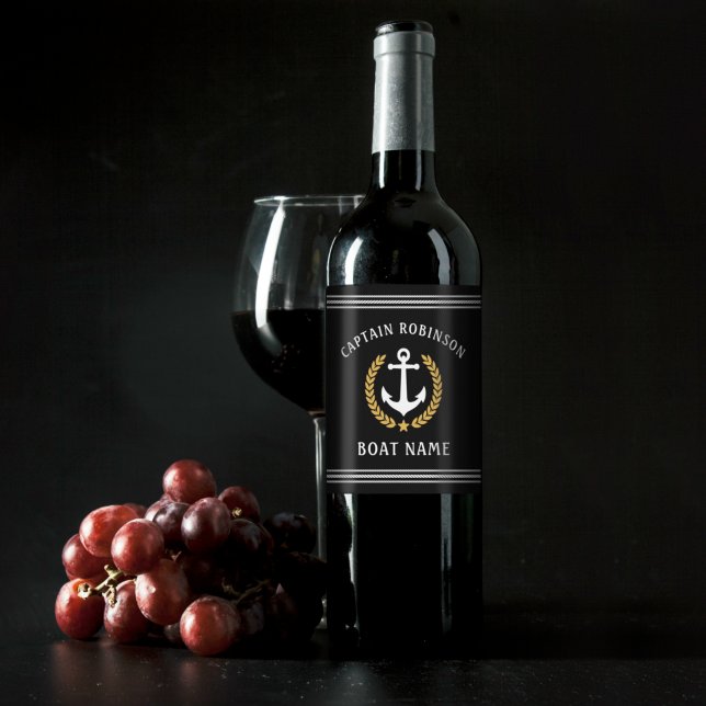 Captain Name And Boat Anchor Gold Laurel Black Wine Label (Creator Uploaded)