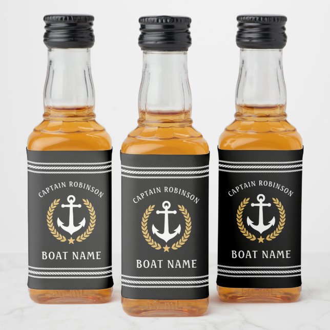 Captain Name And Boat Anchor Gold Laurel Mini Liquor Bottle Label (Bottles)