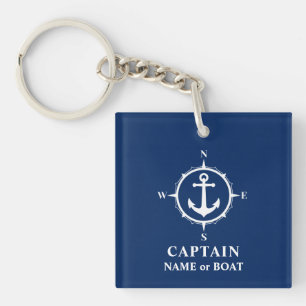 Captain Name Boat Compass Anchor Photo Back Navy Keychain