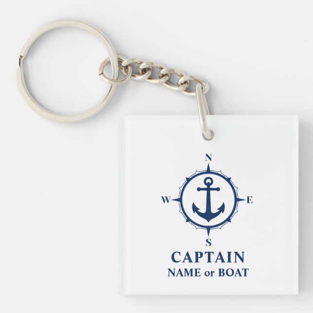 Captain Name Boat Compass Anchor Photo Back White Keychain (Front)