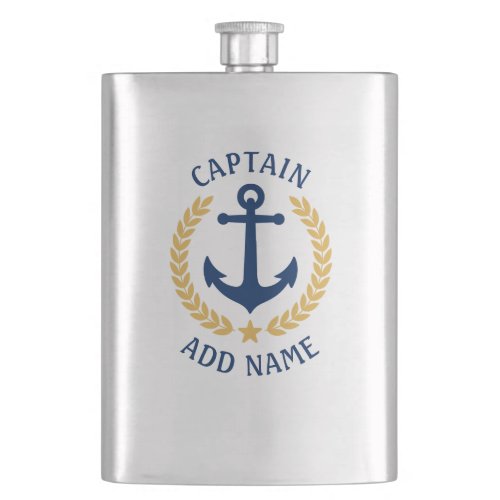 Captain Name Nautical Anchor Gold Style Laurel Flask
