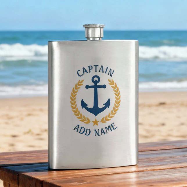 Captain Name Nautical Anchor Gold Style Laurel Flask (Creator Uploaded)