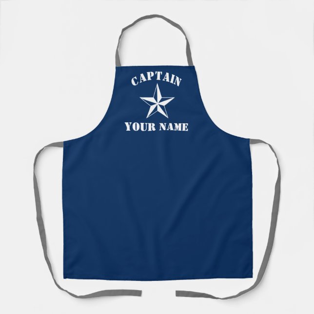Captain name navy blue and white nautical star BBQ Apron (Front)