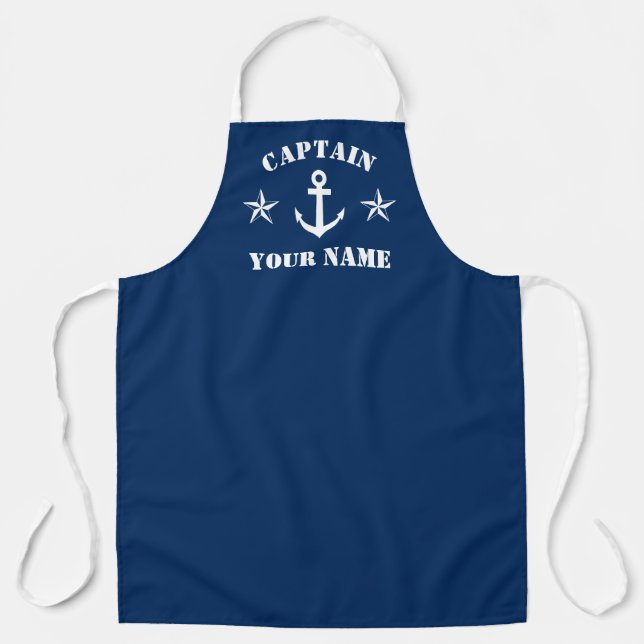 Captain name navy blue nautical anchor icon BBQ Apron (Front)