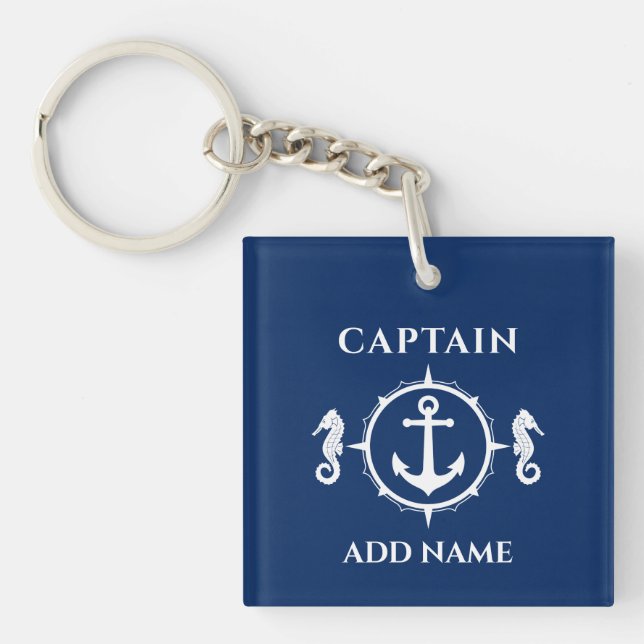 Captain Name Seahorse Boat Anchor Photo Back Blue Keychain (Front)