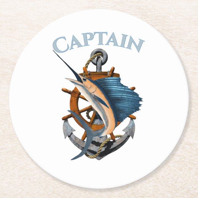 Captain Nautical Anchor Deep Sea Fishing Round Paper Coaster (Front)