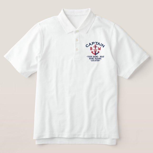 Captain Nautical Anchor Personalized Monogram Embroidered Polo Shirt (Design Front)