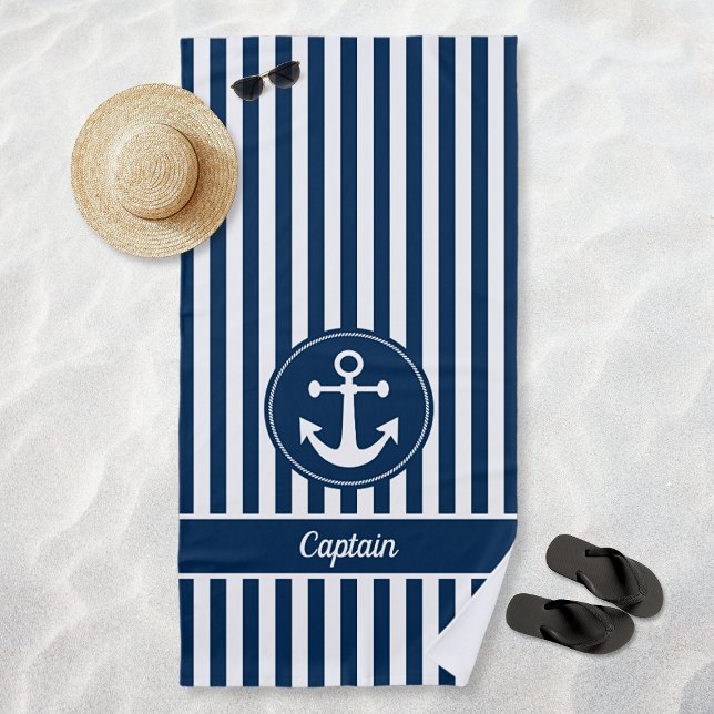 Captain Nautical Anchor Rope Navy Blue Stripes Beach Towel (Captain Nautical Anchor Rope Navy Blue Stripes Beach Towel)