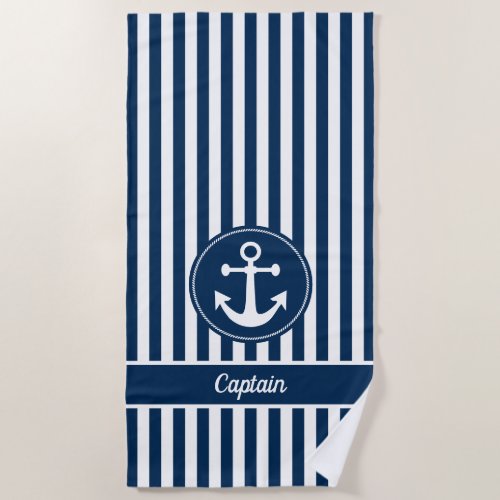 Captain Nautical Anchor Rope Navy Blue Stripes Beach Towel